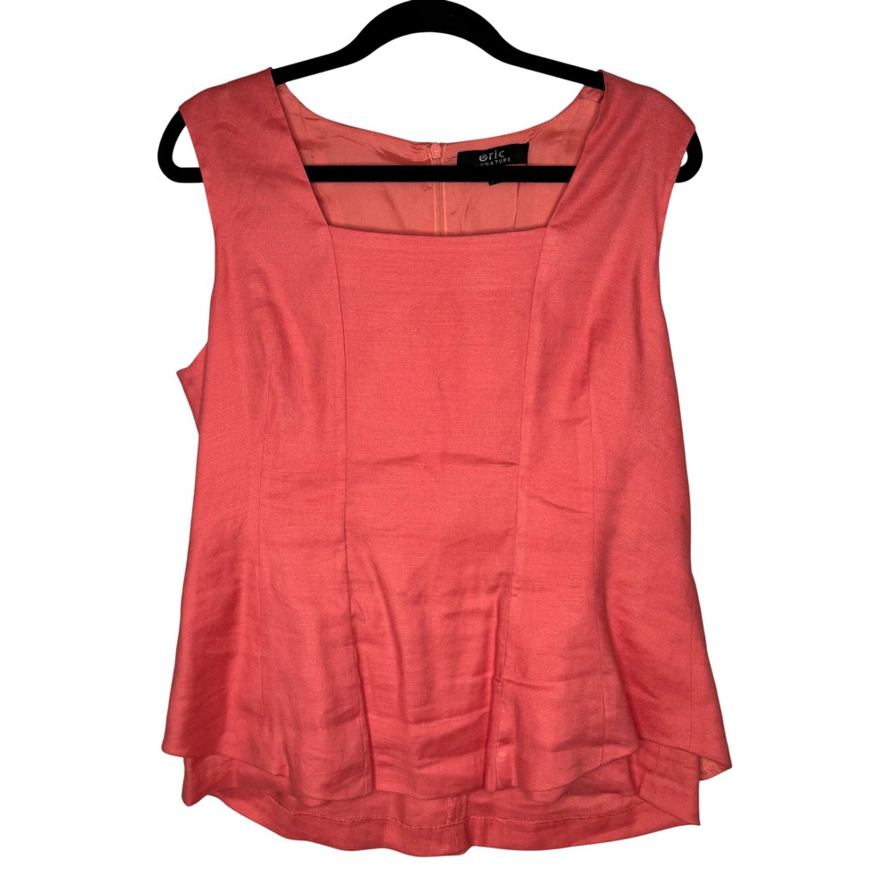 Eric Signature Coral Pink Linen Blend Square Neck Peplum Tank Top‎ Size 14